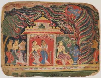 Krishna bortförd av virvelvindsdemonen, från en Bhagavata Purana. c.1520-30 (ogenomskinlig wc på papper) av Indian School
