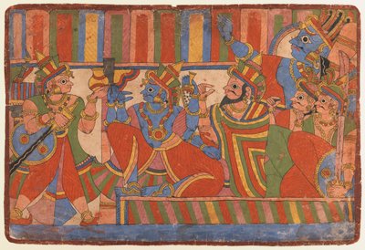 Krishna ger råd till Pandava-ledarna, ca 1830-50 (ogenomskinlig wc på papper) av Indian School