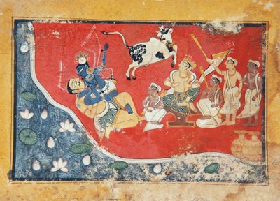 Krishna besegrar en demon vid en flod, ca 1560 (ogenomskinlig wc på papper) av Indian School