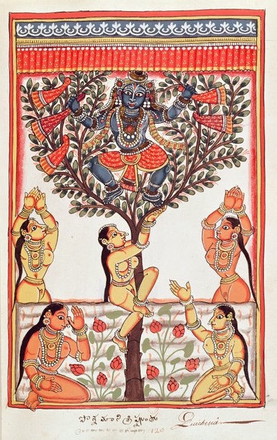 Krishna stjäl kläderna från Gopi som simmar i floden Yamuna (wc på papper) av Indian School