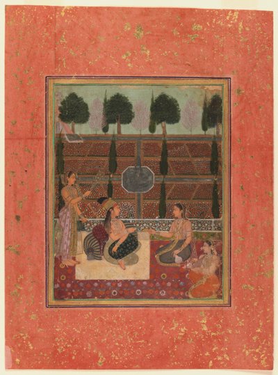 Damer på en terrass, Mughal Style, ca 1700-10 (wc på guldfläckat papper) av Indian School