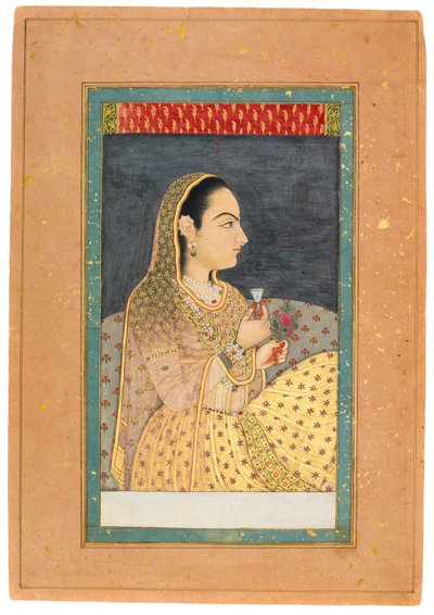 Lady Holding a Cup and a Flower, tidigt 1700-tal (wc med guld och silver på papper) av Indian School