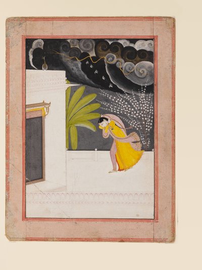 Dam på en terrass söker skydd från regnet, tidigt 1800-tal (gouache med guld på papper) av Indian School