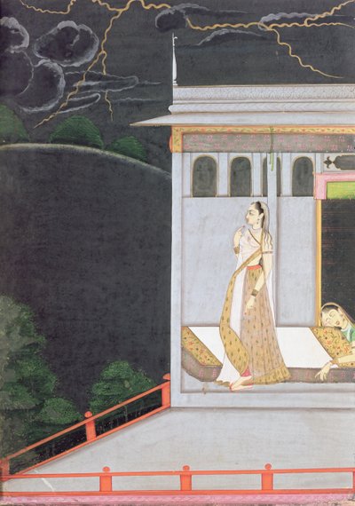 Dam som väntar på sin älskare, från "Vasakasayya Nayika", en av hjältinnorna i den hinduiska retoriken, Punjab Hills, ca 1760 av Indian School