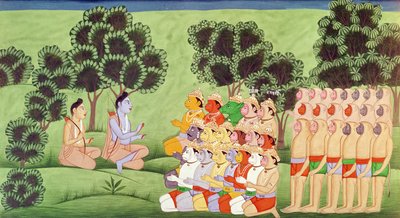 Lakshmana konsulterar cheferna för aparméerna, från Ramayana av Indian School
