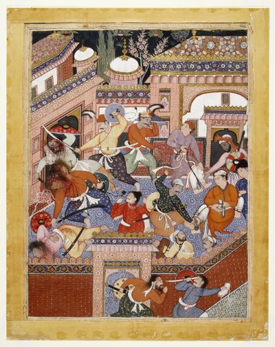 Ledda av Songhur Balkhi och Lulu spionen, skar ayyarerna strupen på fängelsevakterna och Free Said Farrukh-Nizhad, 1557 - 1572 (ogenomskinlig akvarell och guld på bomullstyg) av Indian School