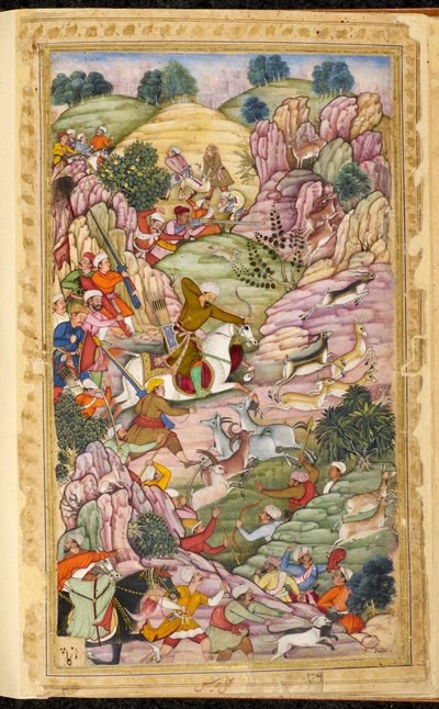 Kejsar Babur jagar, mellan Ali Shang och Alangar, i regionen Kabul (Afghanistan). Miniatyr från det persiska manuskriptet Vaqi at i Baburi, Memoirs of Mughal Emperor Babur (Zahir ud din Muhammad) (1483-1530), Indien, cirka 1590. The British Libra av Indian School