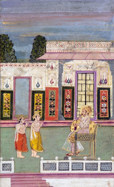 Maharaja Sawai Jai Singh hälsad av två krönta män, ca 1735 (ogenomskinlig wc & guld på papper) av Indian School