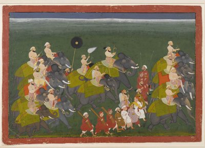 Maharana Sangram Singh av Mewar rider i en elefantprocession, Udaipur, Rajasthan, ca 1730-40 (ogenomskinlig wc & guld på papper) av Indian School