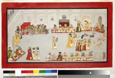 Maharana Sangram Singh with His Children and Courtiers, c.1715 (ogenomskinlig wc & guld på papper, monterad på en albumsida) av Indian School