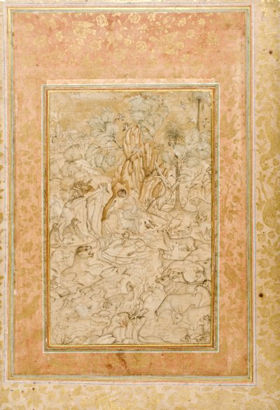 Majnun i vildmarken, ca 1595 (ogenomskinlig wc & guld på papper) av Indian School
