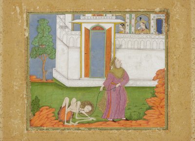 Majnun reduceras till ett abjekt tillstånd, c.1700 (ogenomskinlig wc & guld på papper) av Indian School