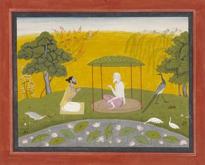 Markandeya hänvisar Jaimuni till de fyra kloka fåglarna, c.1800-20 (ogenomskinlig wc på papper, förhöjd med guld) av Indian School