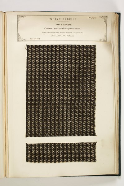 Material för Pantaloons, Loodiana, Punjab, Piece Goods, från The Collection of the Textile Manufacturers of India, av John Forbes Watson, publicerad 1866 av Indian School