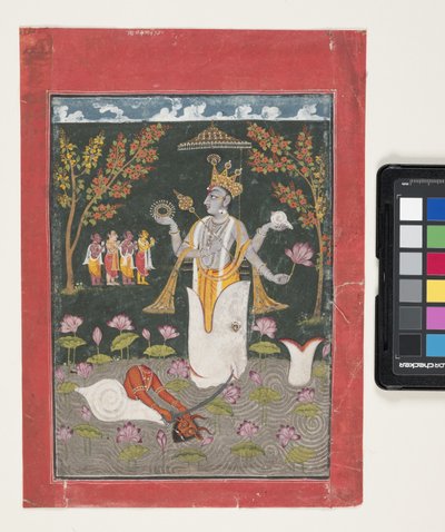 Matsya Avatar Of Vishnu: The Slaying Of Sankh Asura (gouache och bladguld på papper) av Indian School