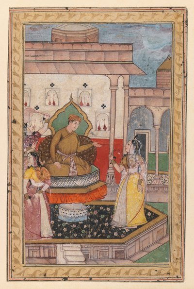 Miniatyrmålning, hovscen, sent 1500-tal (ogenomskinlig wc på papper) av Indian School