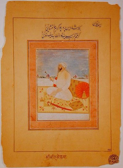 Miniatyr av Saif Khan, guvernör i Agra, indiska, ca 1670-80 (ogenomskinliga mineralpigment på gulfärgat papper) av Indian School