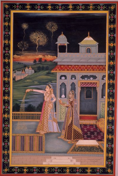 Miniatyrmålning av kvinna som firar Diwali-festivalen, Indien (akvarell på papper) av Indian School