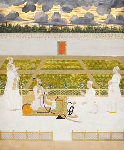 Mir Jaffar, Nawab av Murshidabad, med en hovman och skötare, ca 1760 (ogenomskinlig wc & guld på papper) av Indian School