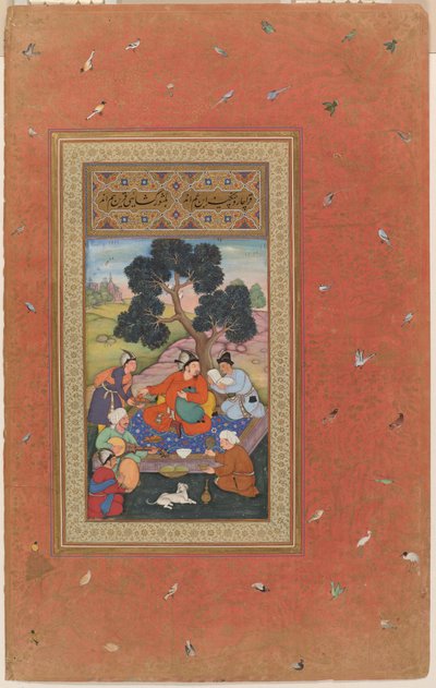 Mongolisk hövding med följeslagare, folio från Gulshan-albumet (Rose Garden-albumet), ca 1600 (opak akvarell, bläck och guld på papper) av Indian School
