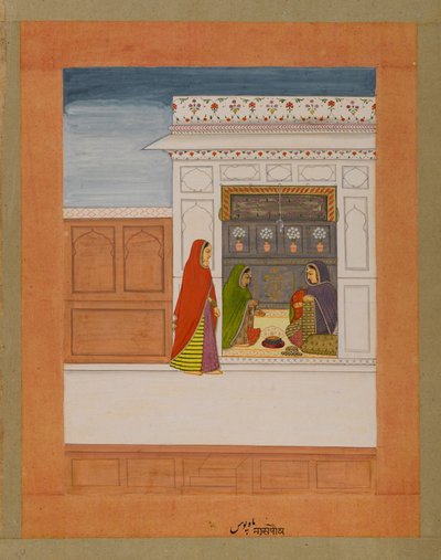 Month of Pausha, sida från en Baramasa-serie, ca 1750 (wc & guld på papper) av Indian School