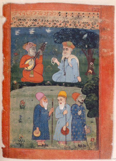 Fru Panj. B.40, f.128 Baba Nanak, Mardana och Fakirs, illustration från 