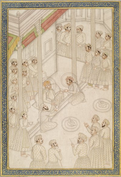 Mogulkejsaren Akbar håller hov under sin sista sjukdom, mitten av 1700-talet (albumblad; pigment med guld på polerat papper) av Indian School