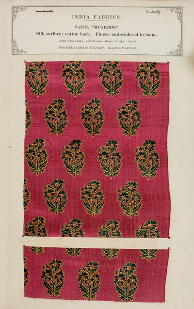 Svampsatinprov från Hyderabad i Deccan, från The Collection of the Textile Manufacturers of India, av John Forbes Watson, publicerad 1866 av Indian School