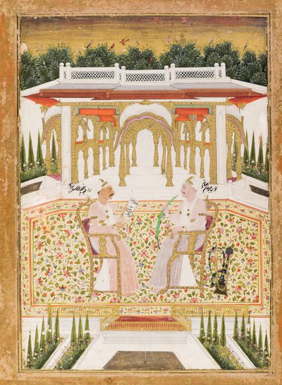 Nawab Mir Alam Bahadur och Raja Chandu Lal Bahadur, ca 1800 (ogenomskinlig wc & guld på papper) av Indian School