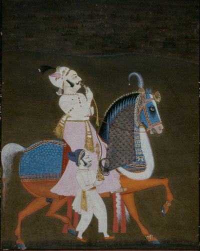 Adelsman från Mewar rider Mrigarao med en skötare till fots, 1820 av Indian School