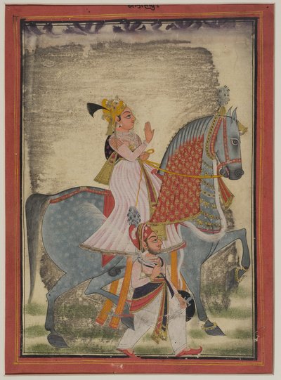 Adelsman från Mewar som rider Nur åtföljd av en sais till fots, 1820 av Indian School