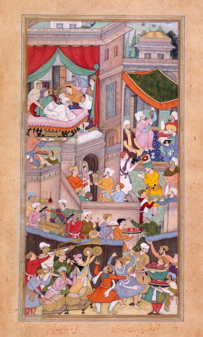 Eller. 12988, f.34v Astrologer kastar horoskop under firandet av Timurs födelse (1336) av Surdas Gujarati av Indian School