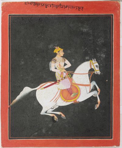 Porträtt av Kunwar Baharat Singh till häst, av Utkalrama, inskrivet på toppen och baksidan i Devanagari, Bundi, Rajasthan, Rajput School av Indian School