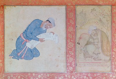 Porträtt av Min Musavir som ger en petition till kejsar Akbar av Indian School