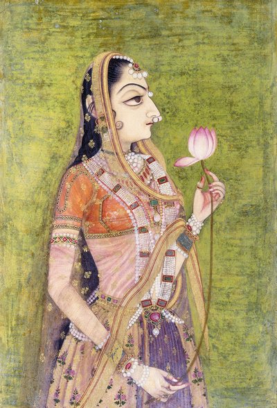 Porträtt av en dam som håller en lotus, ca. 1740-1750 av Indian School