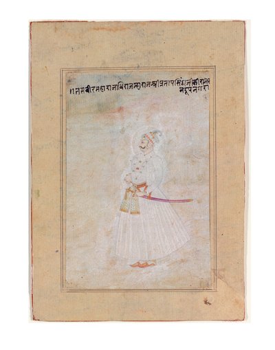 Porträtt av en Rajput linjal, stående, ca 1770 (ogenomskinlig wc & guld på papper) av Indian School