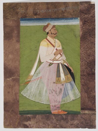 Porträtt av Rathorhövdingen Bhagwan Das, av Mertia-klanen i Rian, Jodhpur, 1820 (monterad gouache på indiskt papper med sammansatt brunt papperskant) av Indian School