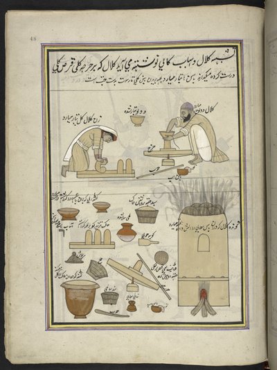 Krukmakare,  86 teckningar inbundna i en volym som visar yrken och yrken i Kashmir, hantverkare visas i arbete med sina redskap och utrustning,  Av en Kashmir-konstnär, troligen i Srinagar, ca 1850-60 (gouache på papper) av Indian School