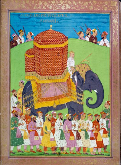 Prinsessan Palanquin på en elefant vid Shah Alems hov Indiska och persiska miniatyrer i "" History of India from Tamertante to Orangreyb"" av Niccolo Manucci (1638-1717). B.N., Paris. av Indian School