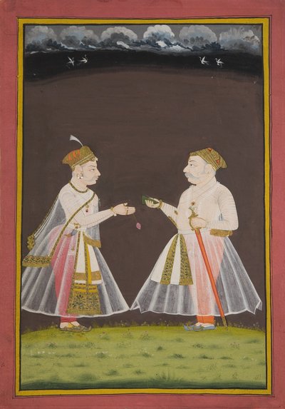 Förmodligen ett porträtt av Rana Raj Singh från Udaipur (1661-81) som erbjuder pan till en adelsman, 1820 av Indian School