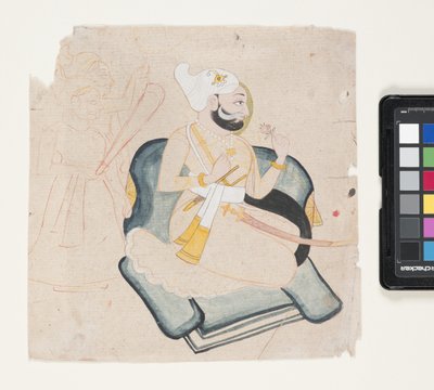 Profil av knästående prins med två skötare (penselfärg och akvarell på papper) av Indian School