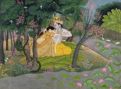 Radha och Krishna omfamnar sig i en lund av blommande träd, ca 1780 (wc på papper) av Indian School