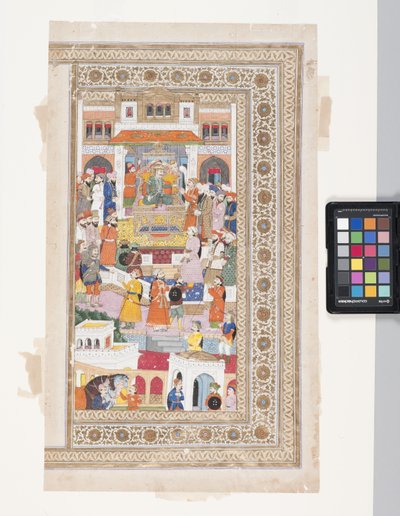 Raja With Courtiers (penna, bläck, gouache och bladguld på pergament) av Indian School