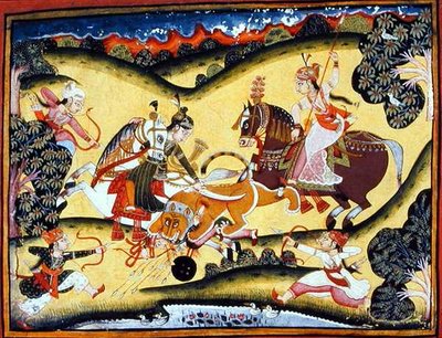 Rajput Princesses Killing a Lion, Bundi School, ca 1810-20 (gouache på papper) av Indian School