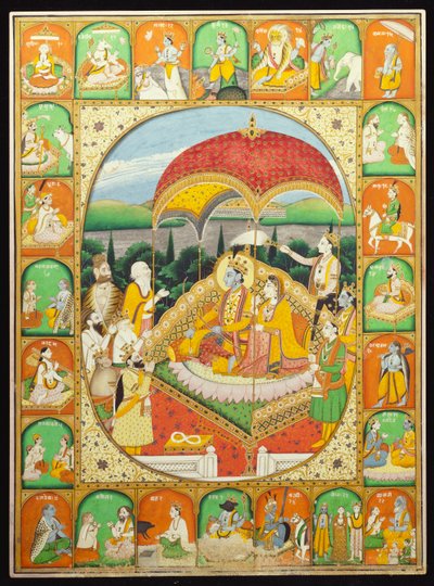 Rama och Sita Enthroned, dyrkade av Shiva, Hanuman och andra, 1800-20 av Indian School