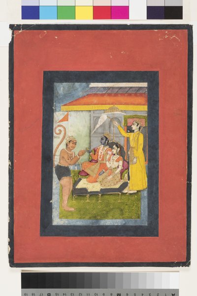 Rama och Sita tronade, älskade av Hanuman; Lakshmana har en morchal, c.1780 (ogenomskinlig wc & guld på papper) av Indian School