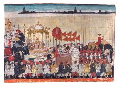Rao Tuljaji i procession, ca 1775 (ogenomskinlig wc & guld på papper) av Indian School