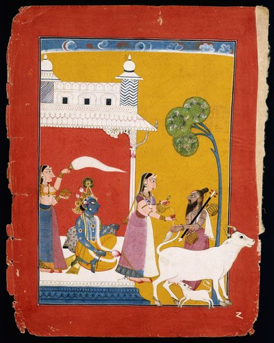 Rukmini erbjuder vatten till vismannen Narada medan hennes gemål Krishna sitter i hennes hus, ca 1725-1730 av Indian School