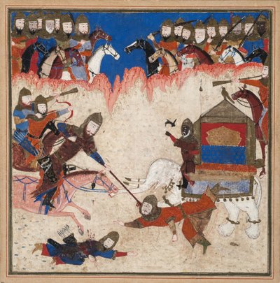 Rustam lassos Khaqan från Kina och drar honom från sin elefant, ca 1450 (ogenomskinlig wc & guld på papper) av Indian School
