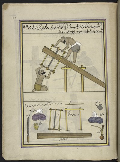 Sågar,  86 teckningar inbundna i en volym som visar yrken och yrken i Kashmir, hantverkare visas i arbete med sina redskap och utrustning,  Av en Kashmir-konstnär, troligen i Srinagar, ca 1850-60 (gouache på papper) av Indian School